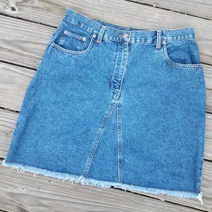 Vintage Denim Skirt Jeans w/ Fringe Aline Mini Distressed Frayed Edge L-XL